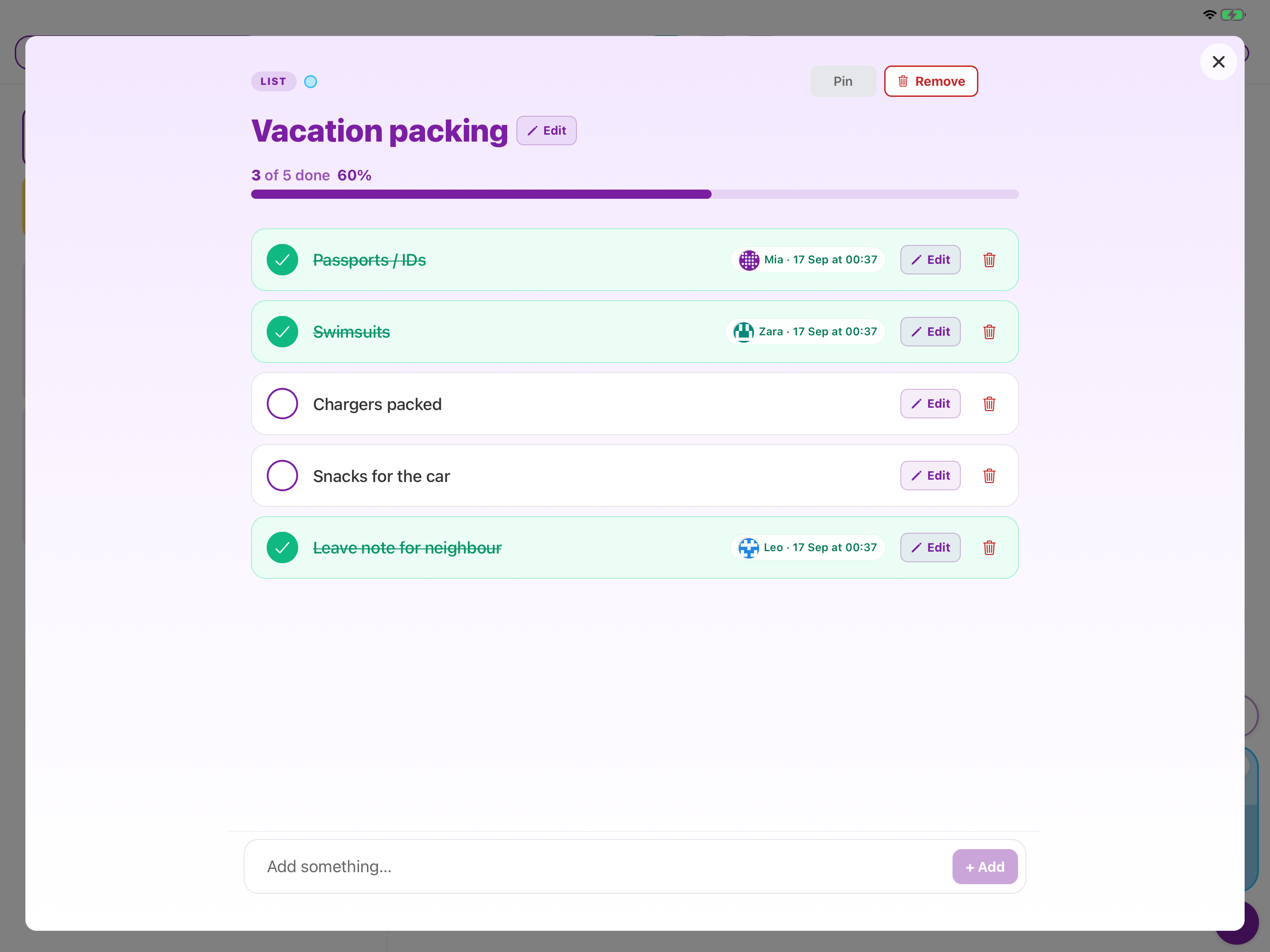Vacation packing list in Chorish — items ticked off, with who did them and when