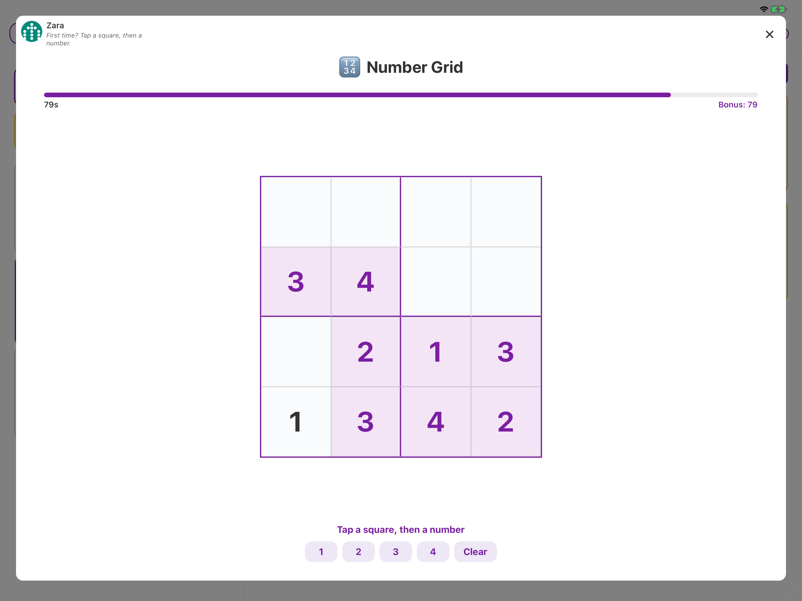 Number Grid — a gentle 4-by-4 puzzle with numbers 1 to 4