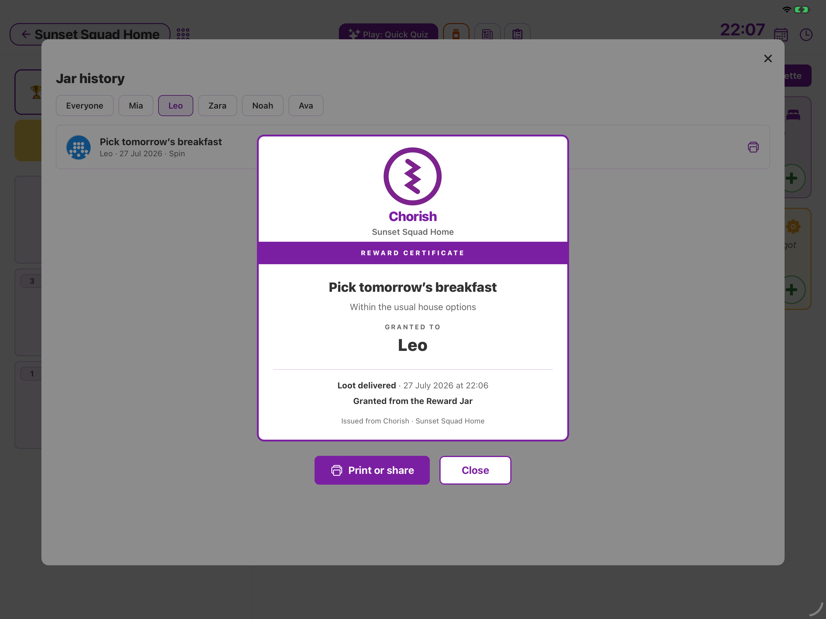Reward certificate from Jar history