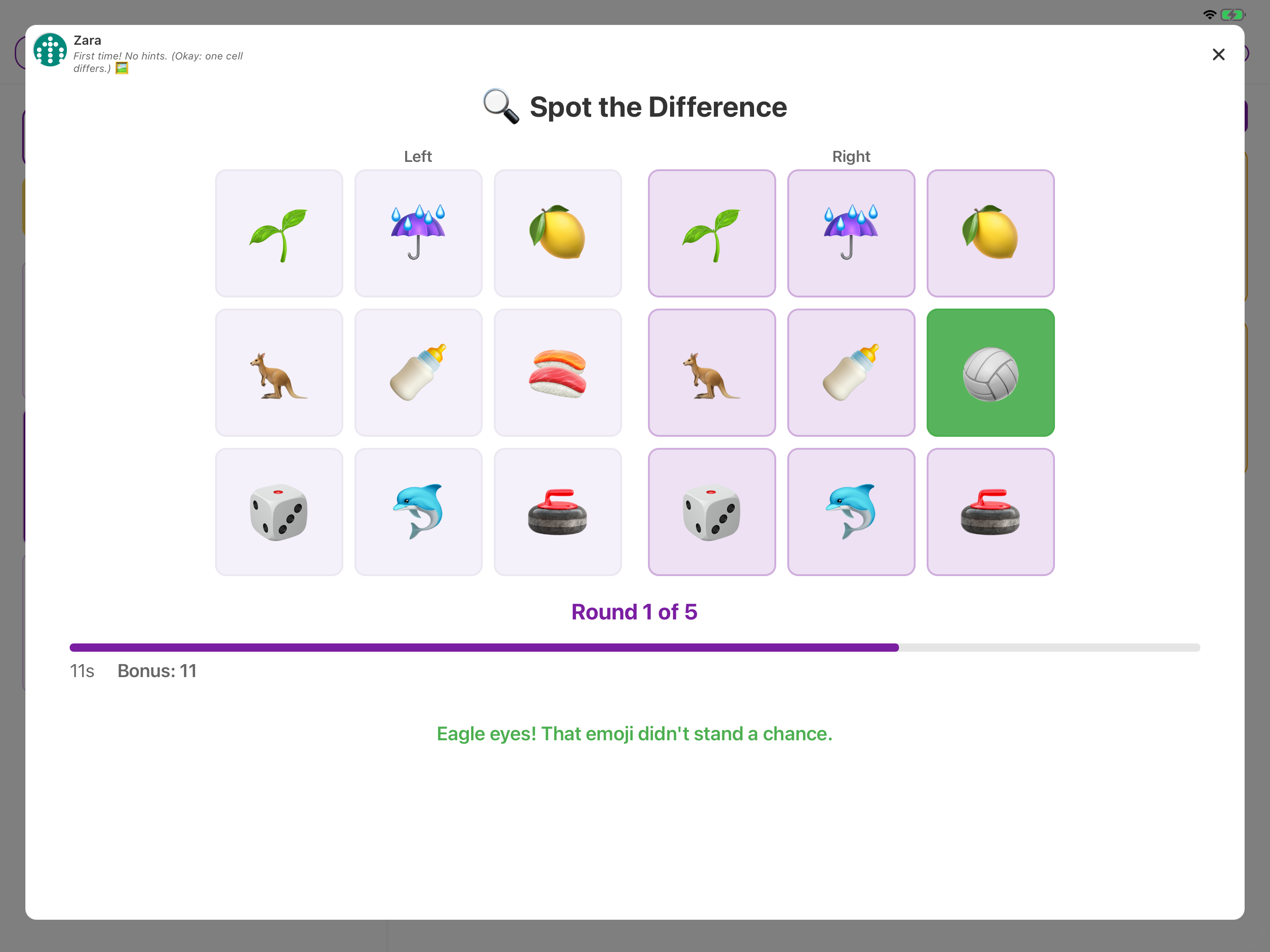 Spot the Difference — two emoji grids, tap what changed on the right