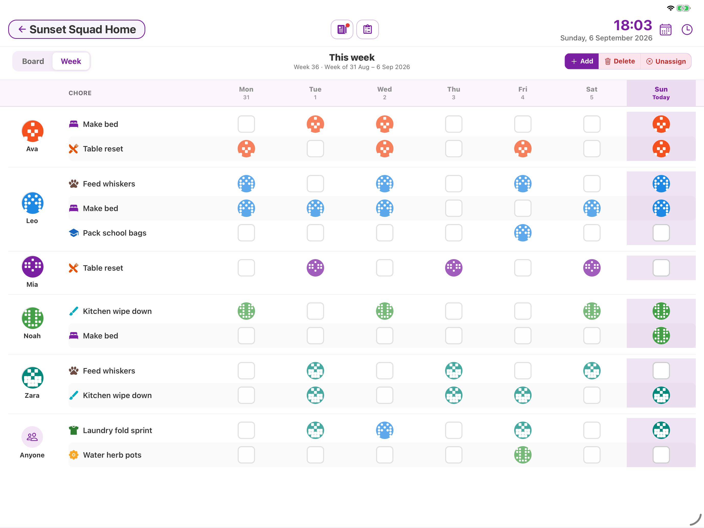 Week checklist — members and chores across Monday to Sunday, with today highlighted